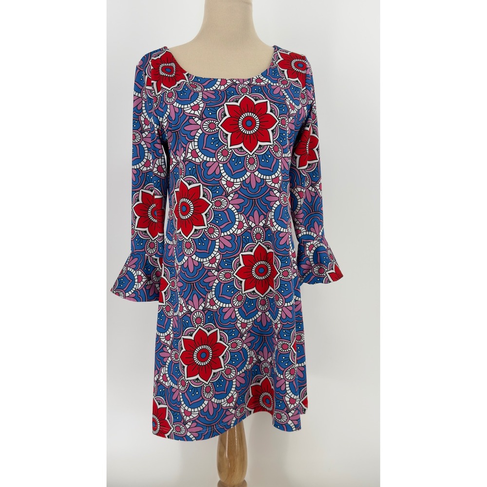 Parisou Womens Blue Red Floral Mandala Bell Sleeve Shift Dress PSJ801 S Made USA